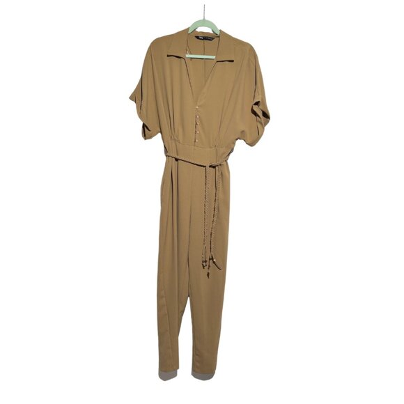 Zara Tan Belted Jumpsuit Size Medium - Picture 3 of 6